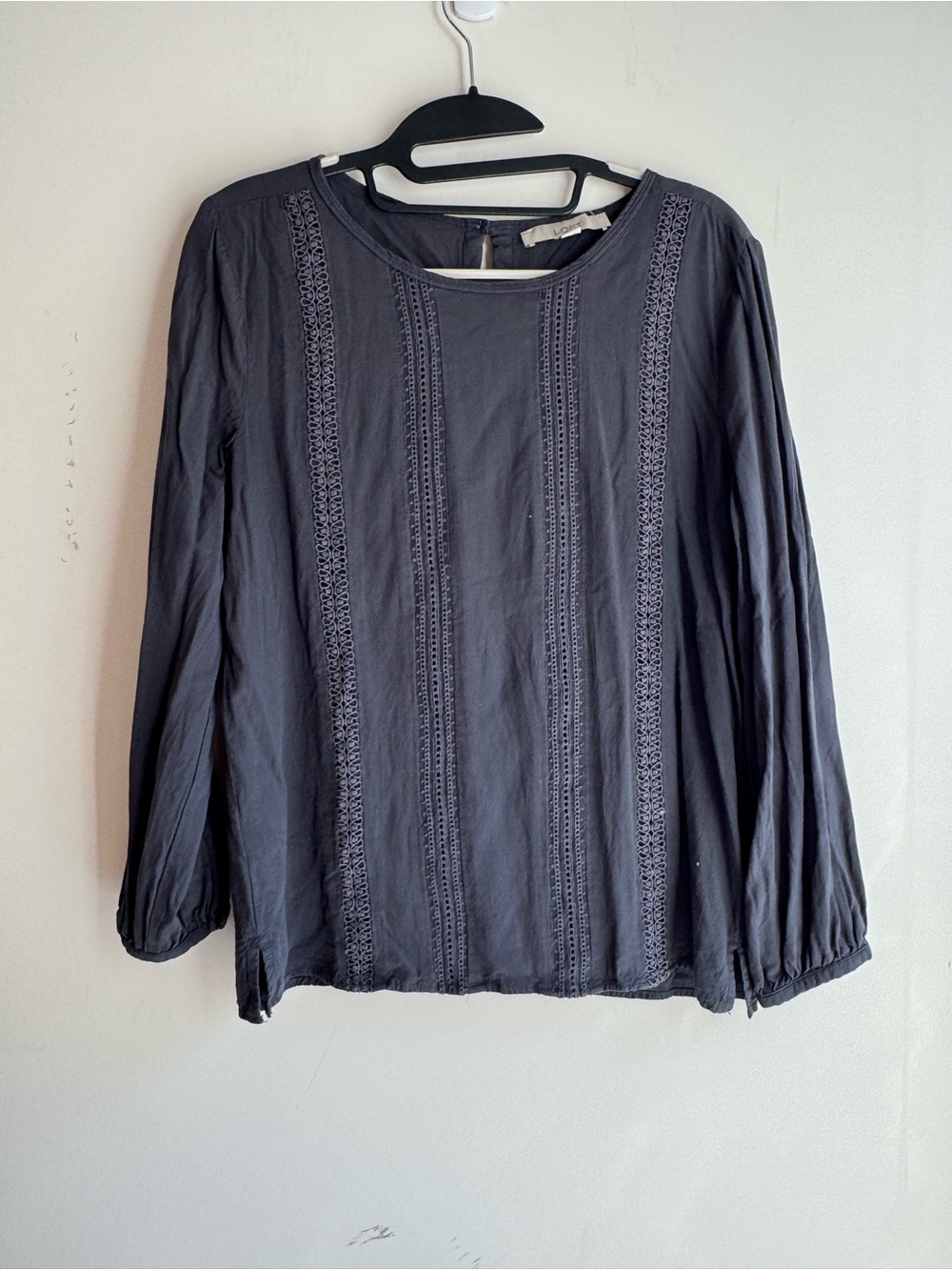 LOFT Charcoal Crochet-Trim Long-Sleeve Top